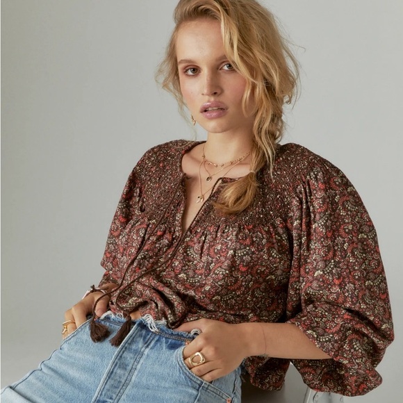Lucky Brand Tops - Lucky Brand Floral Printed Smocked Peasant Blouse Top